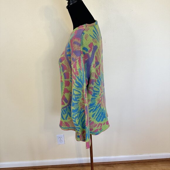 Womens Multicolor Pullover Sweater Tie Dye Lime Green Large Crew Comfy - Picture 6 of 7
